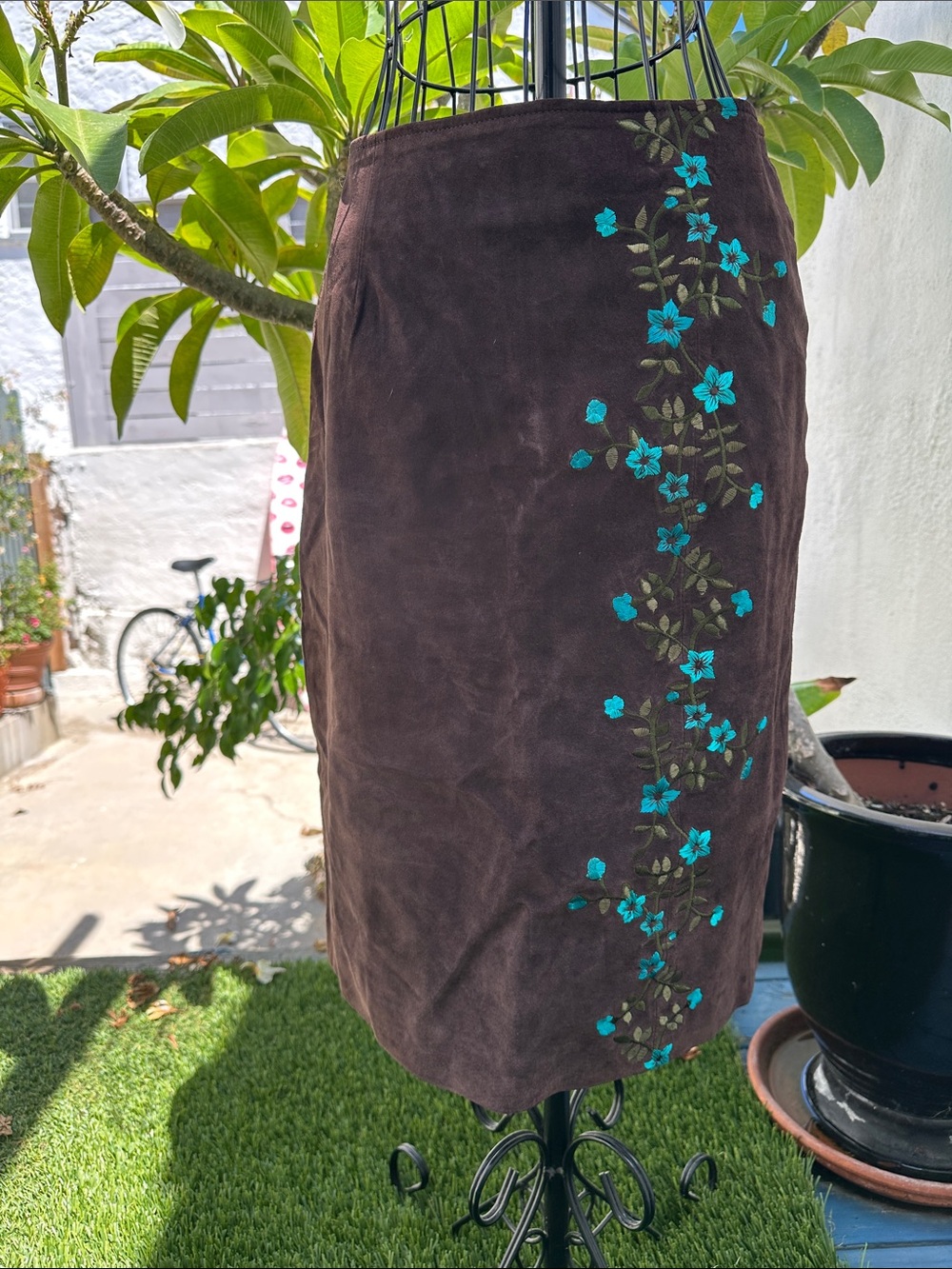 Bob Mackie Brown Suede Skirt with Teal Floral Embroidery